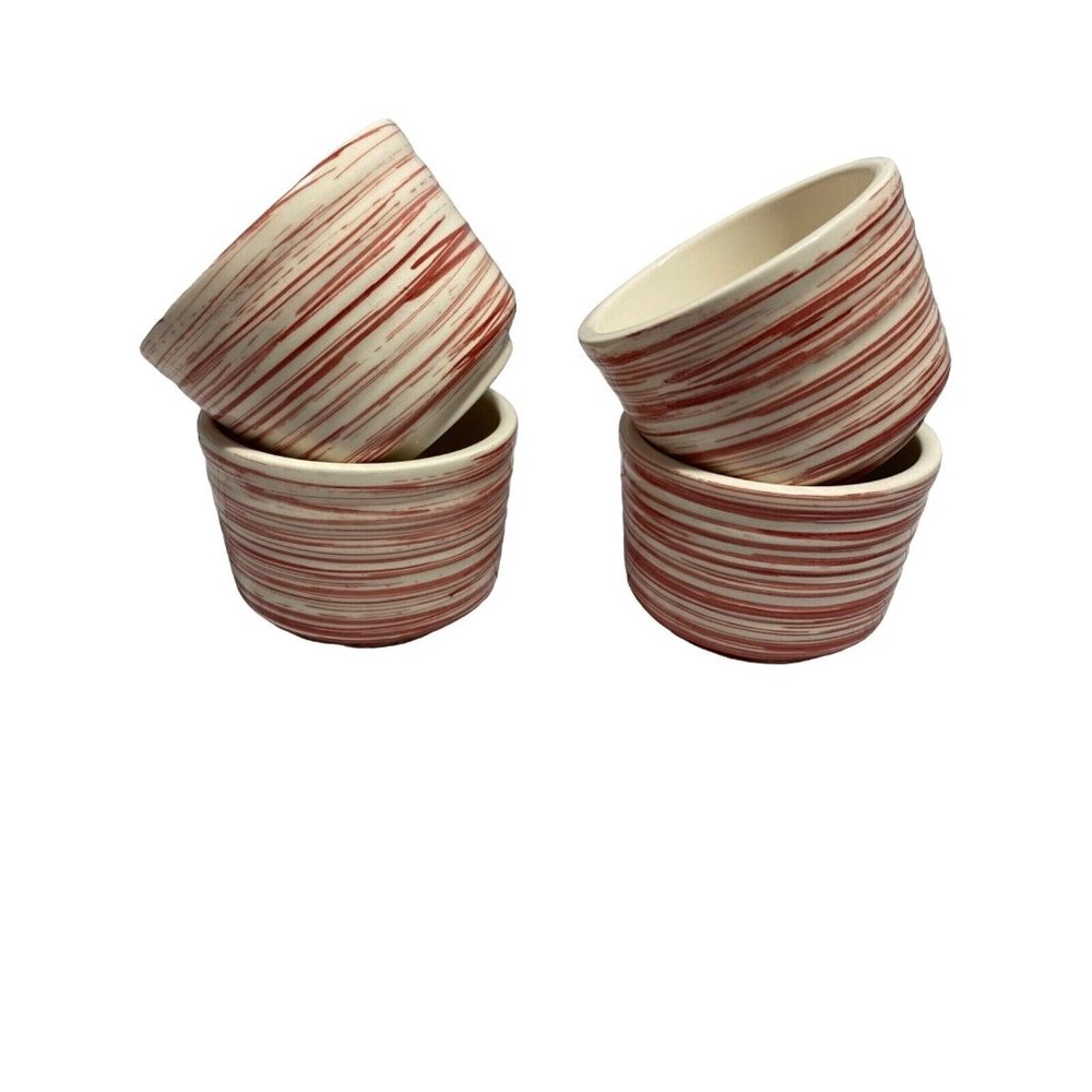 Faiancas Ideal Bowls Ramekins Red Cream Striped Set Of 4 Handmade in Portugal